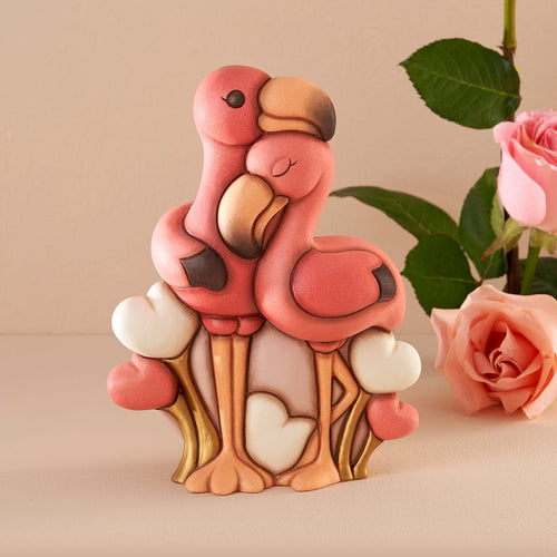 Coppia fenicotteri in ceramica con cuori, maxi
