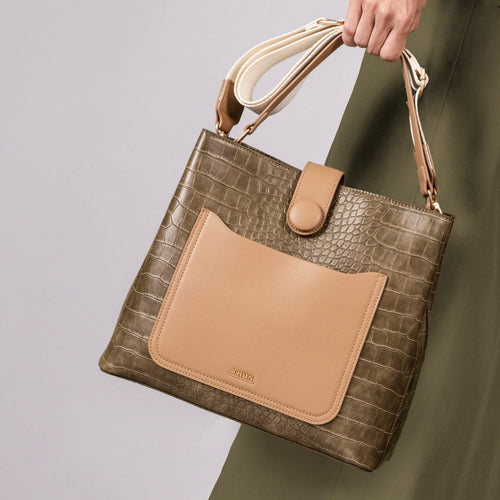 Borsa con tracolla e maniglia con tasca e stampa rettile