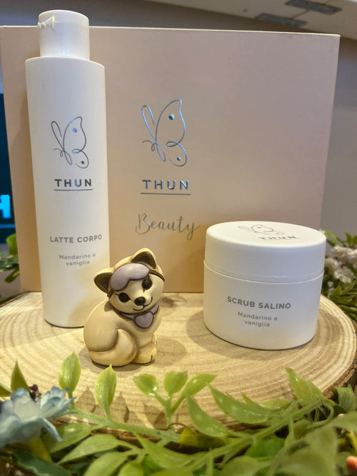 Beauty box latte corpo e scrub con gattino in ceramica