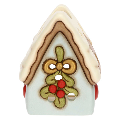 Porta tea-light casetta con vischio in ceramica Inverno Incantato