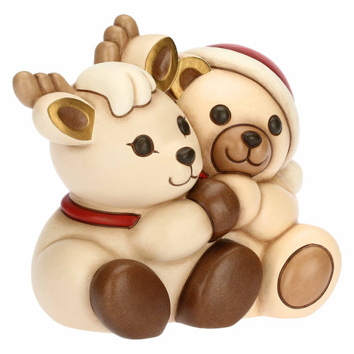 Coppia Teddy e Renna Robin abbracciati in ceramica