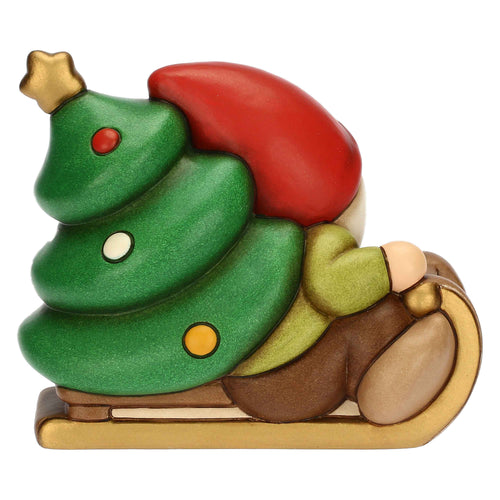Gnomo Oliver su slitta con albero in ceramica