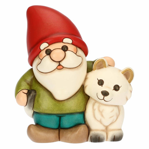 Gnomo Oliver con volpe bianca Perla in ceramica Inverno Incantato