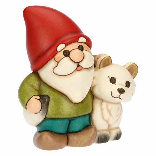 Gnomo Oliver con volpe bianca Perla in ceramica Inverno Incantato