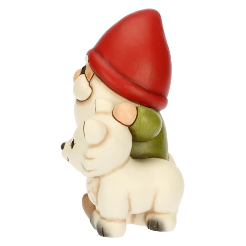Gnomo Oliver con volpe bianca Perla in ceramica Inverno Incantato