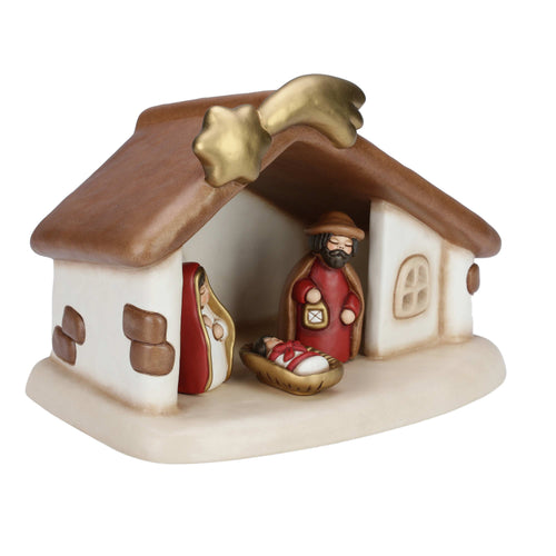 Set capanna con stella cometa e Sacra Famiglia con Gesù, Giuseppe e Maria rosso