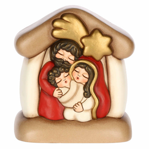 Mini presepe con capanna e Sacra Famiglia in ceramica