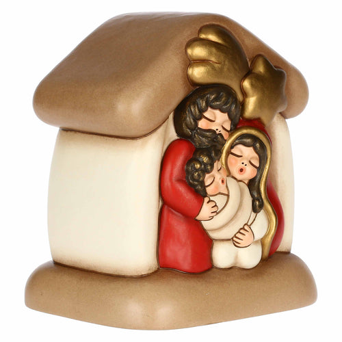 Mini presepe con capanna e Sacra Famiglia in ceramica
