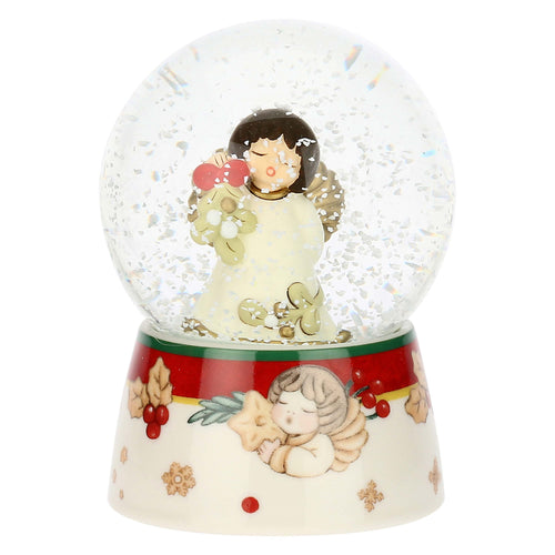 Boule de neige angelo con vischio in vetro e ceramica, media - THUN S3427P00