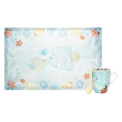 Mug in porcellana con tovaglietta in cotone Mare da amare