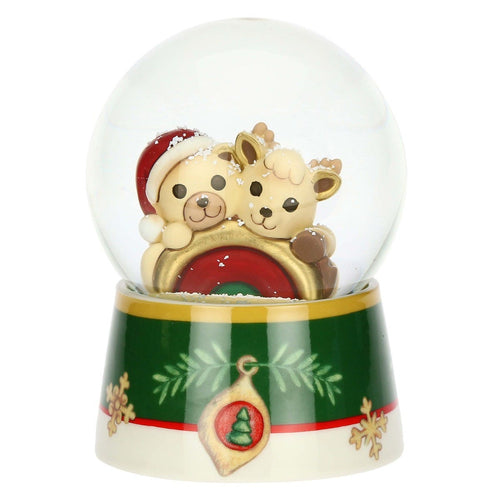 Boule de neige con Teddy e Renna Robin con arcobaleno in resina, ceramica e vetro Desideri di Natale, grande - THUN S3367P00