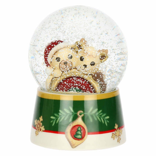 Boule de neige con Teddy e Renna Robin con arcobaleno in resina, ceramica e vetro Desideri di Natale, grande - THUN S3367P00