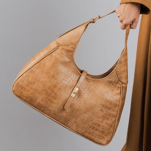 Borsa a spalla con stampa rettile, beige