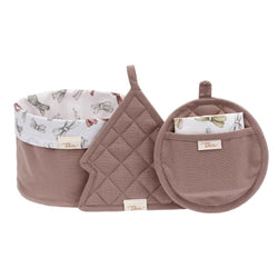 Set cestino portapane, 2 presine e canovaccio Artemis, beige